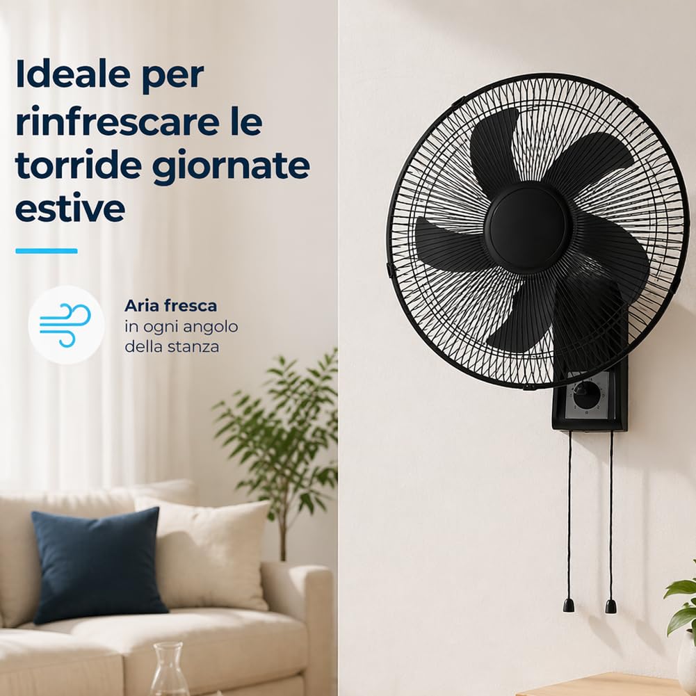 BAKAJI Wandventilator mit Gitter von 43 cm, 3 wählbare Geschwindigkeitsstufen, 5 Flügel, 65 Watt Leistung mit automatischer seitlicher Oszillation, schwarz