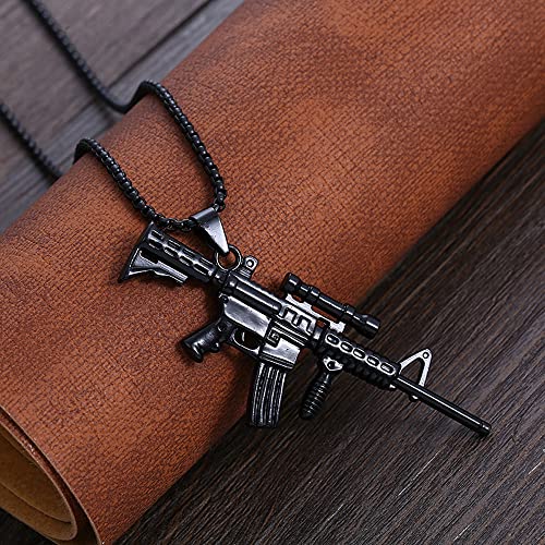 JKJF Gun Pendant Necklace Submachine Gun Necklace Rock Hip Hop Gun Necklace for Men – Black Silver Style 14