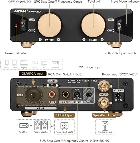 Miniatura 2 de AIYIMA Amplificador mono A70 con receptor de audio para el hogar PFFB, amplificador Clase D TPA3255 con subwoofer para altavoz de estantería de cine