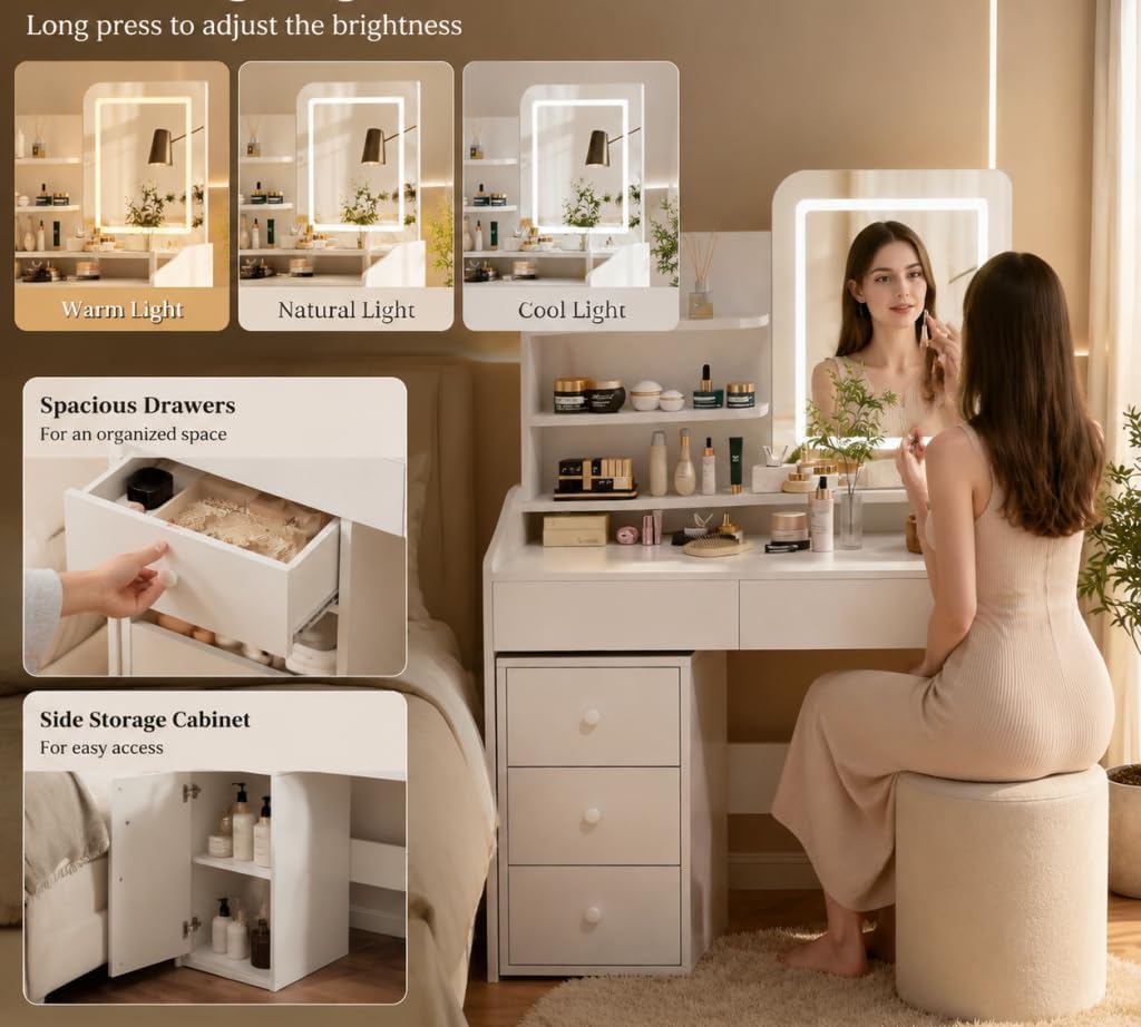 White Makeup Vanity Desk with LED Mirror & Movable Storage Cabinet, 3-Tier Open Shelves, 5 Drawers, Adjustable 3-Color Lighting for Bedroom image 2