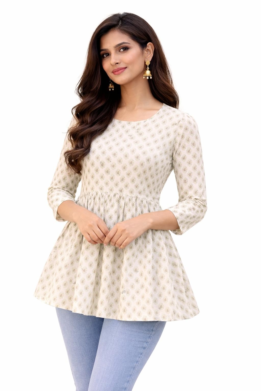 Women's Floral Printed Peplum Cotton Kurti, Round Neck, 3/4 Sleeves, Cream and Green-picture-25