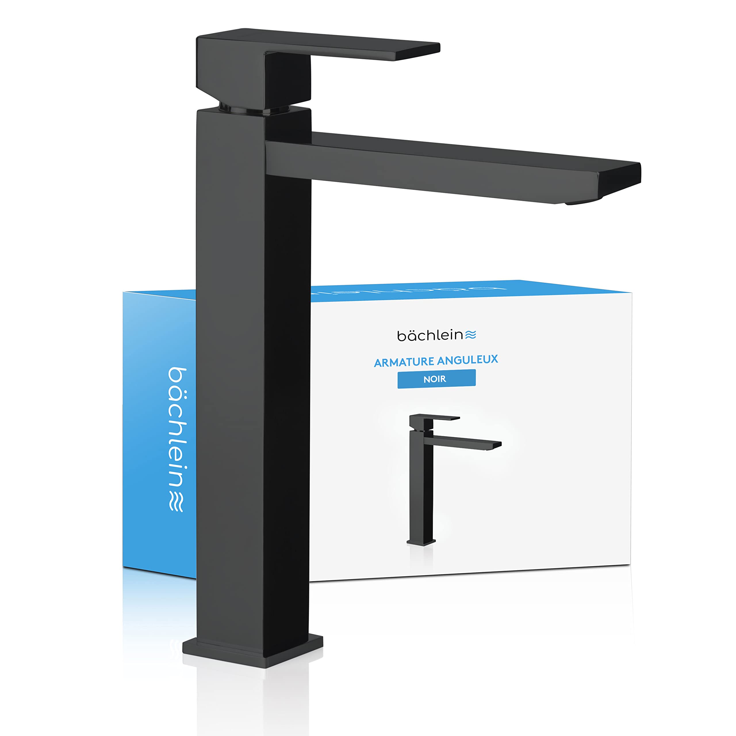 Bächlein Robinet pour Salle de Bain [Anguleux - Noir Mat] - Robinet Extra Haut avec Hauteur de Bec de 215mm Pour Lavabos á Poser, Robinetterie de Lavabo Haut Bec