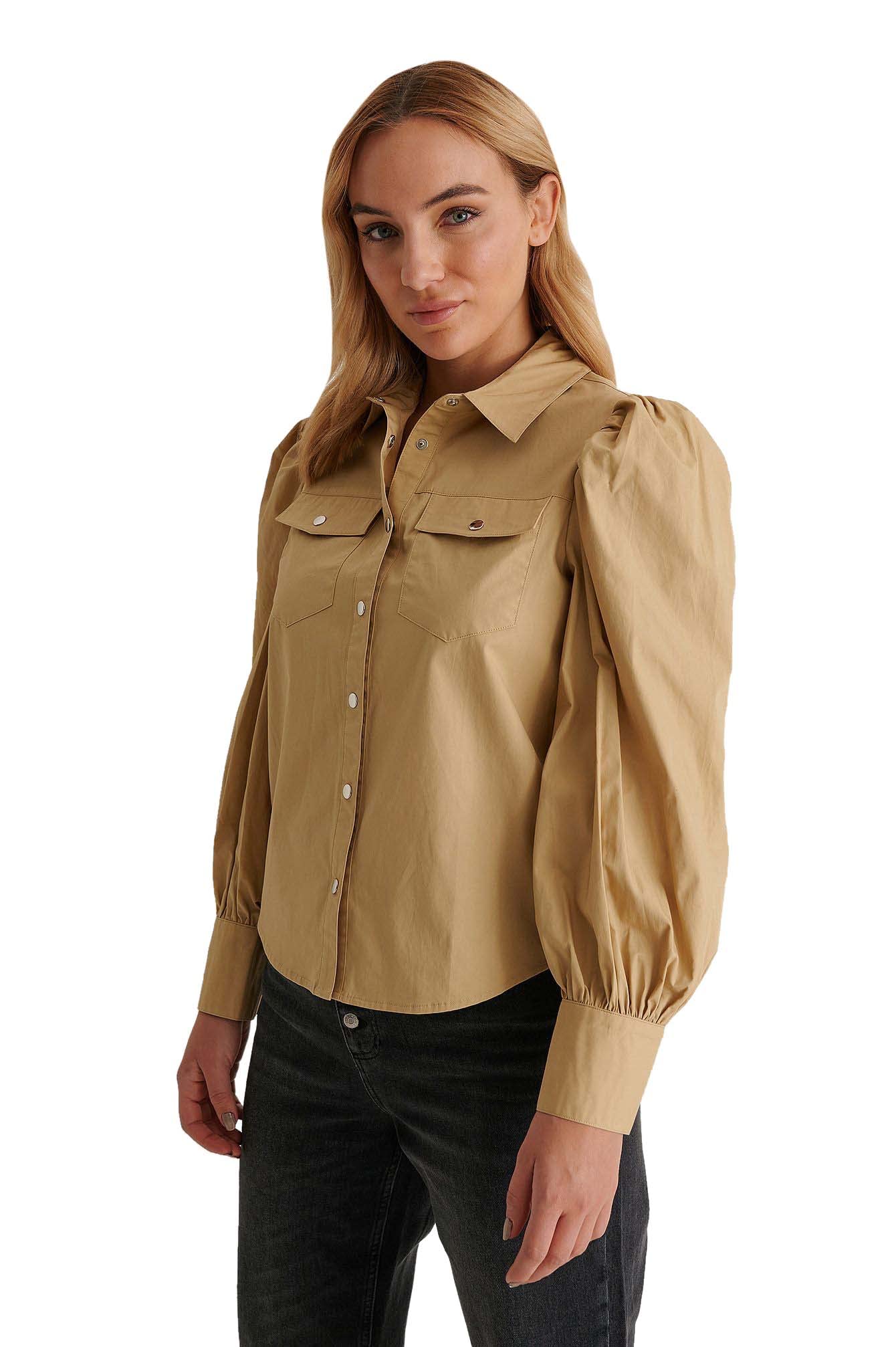 NA-KD Women's Puff Sleeve Shirt, Khaki, 16 UK