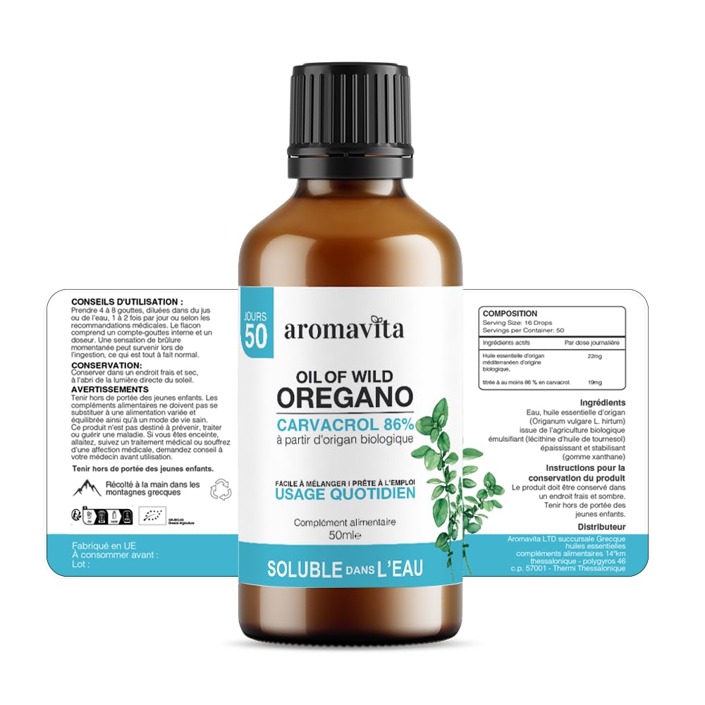 Huile d'Origan Bio Soluble dans l'Eau - Complément Alimentaire pour le Soutien Immunitaire, Digestif et Respiratoire, Bain de Bouche - À Base de Plantes, Végan, Sans OGM, Sans Gluten - 50ml