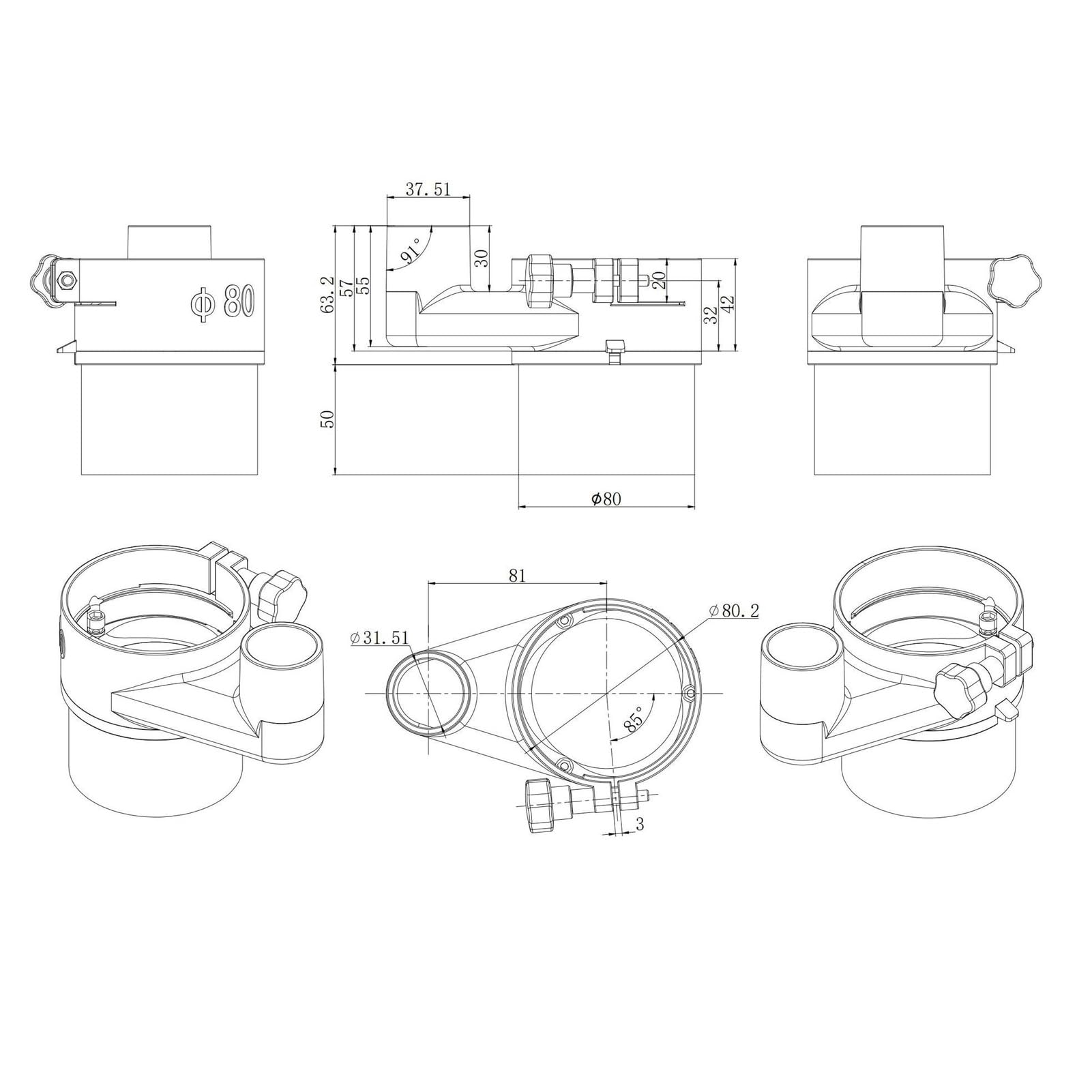CNC-Fräser-Staubschutz, Kunststoffmaterial, 2,2 KW 80 Mm Spindelmotor-Staubsammler mit Abnehmbarer Bürste für Graviermaschine, Magnetische Absaugung, 37 Mm Staubanschluss,