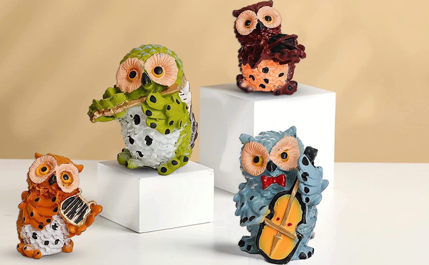 Dinine Craft Owl Showpiece Figurines Statues for Good Luck | Playing Musical Instruments for Home & Office Decor | Showpiece Decorative & Gifting Item, Multi Colour, Pack of 1