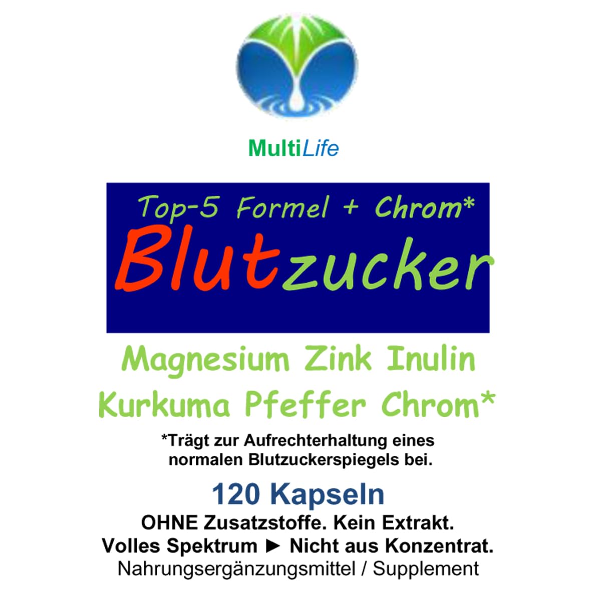 Blutzucker Komplex TOP-5 Formel + CHROM* 120 KAPSELN für NORMALWERTE UND normalen Blutzuckerspiegel + MAGNESIUM - ZINK - INULIN - KURKUMA - PIPERIN. OHNE ZUSATZSTOFFE. 27355-120