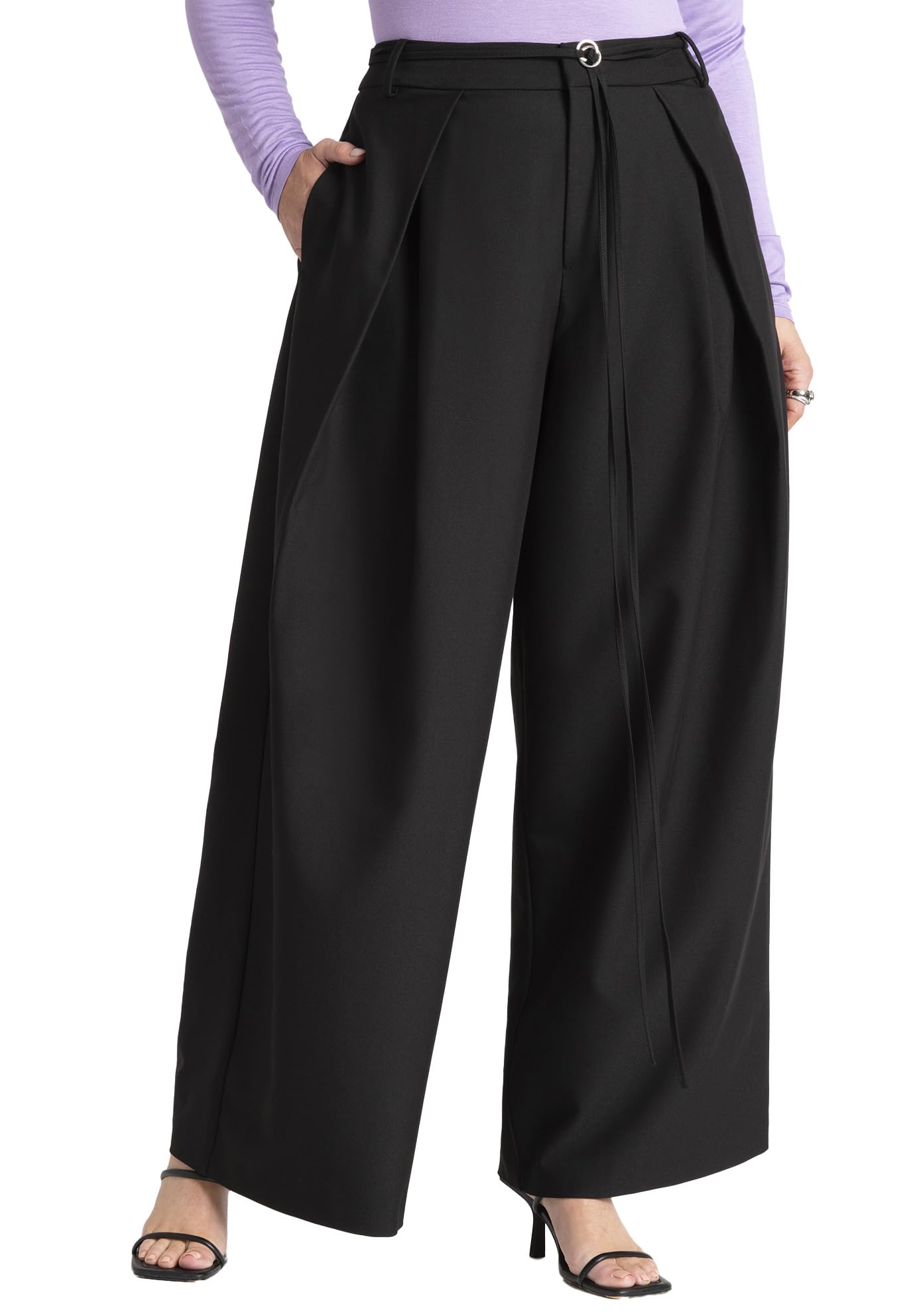 ELOQUII Womens Plus Size Pleat Detail Trouser with Long Belt