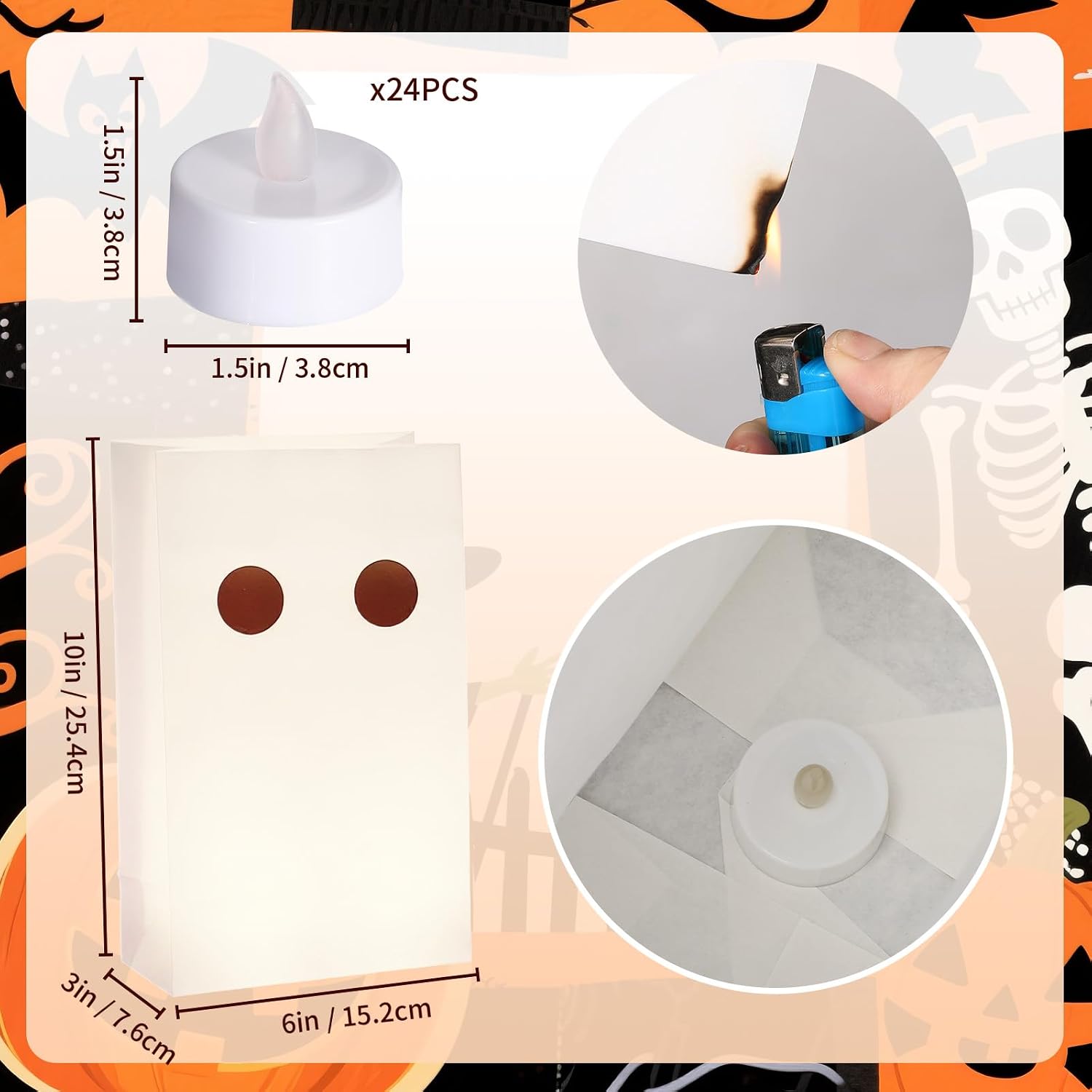 Outus 24 Pieces Halloween Ghost Luminaries Paper Bags with Flameless LED Tea Lights, White Flame Resistant Lantern Candle Paper Bags for Halloween Party Supplies Indoor Outdoor Home Decorations