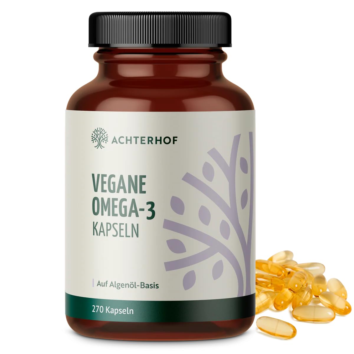 Vegane Omega-3 Kapseln | 270 Stück | Vorteilspack für 4,5 Monate | auf Basis von Algenöl mit 180 mg EPA und 400 mg DHA pro Tagesdosis | hochdosiert & bioverfügbar | Achterhof