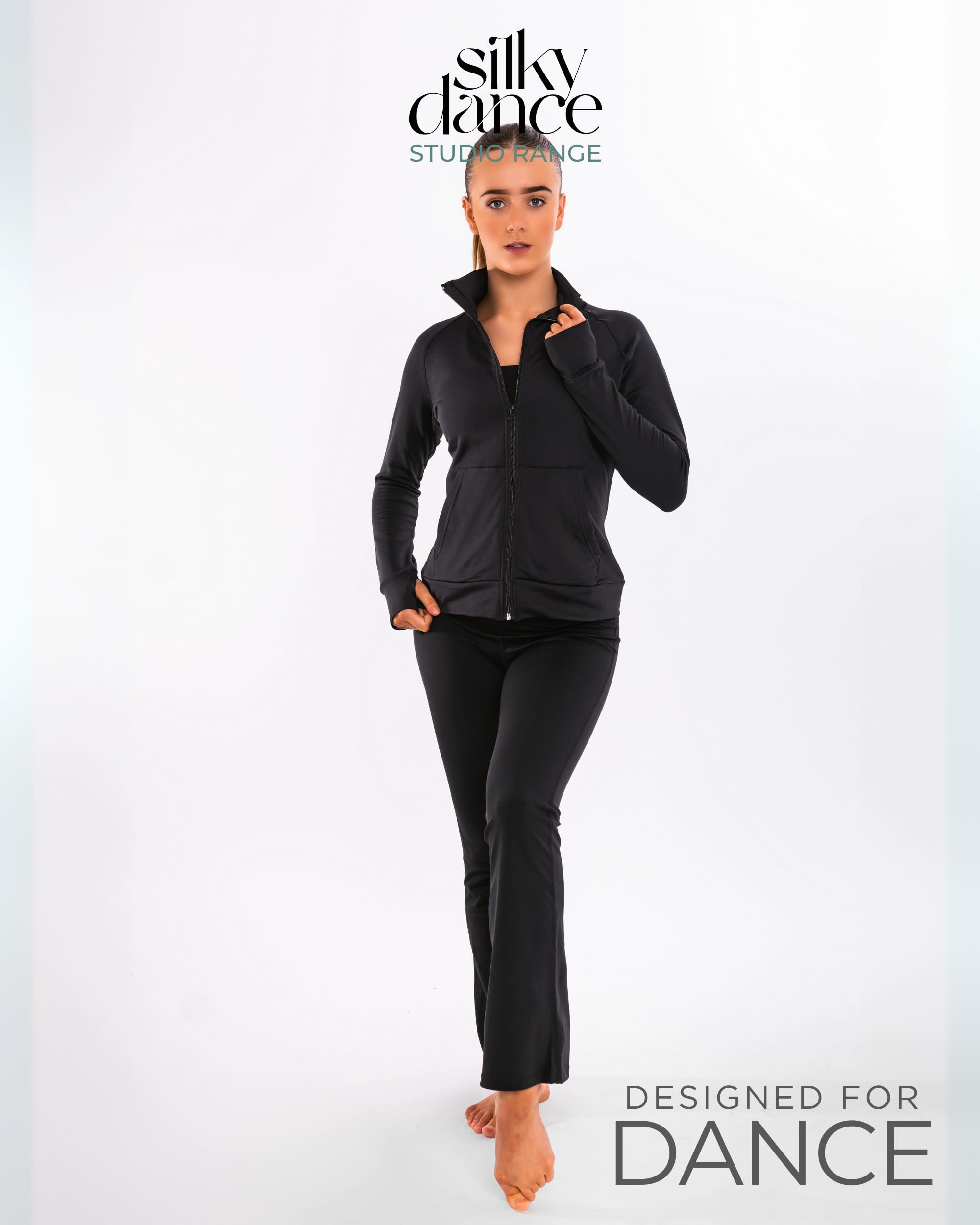 Silky Dance Veste de course à pied zippée pour femmes et filles, veste de sport à manches longues, haut de course à pied, uniforme de danse, veste noire avec trous pour les pouces et poches