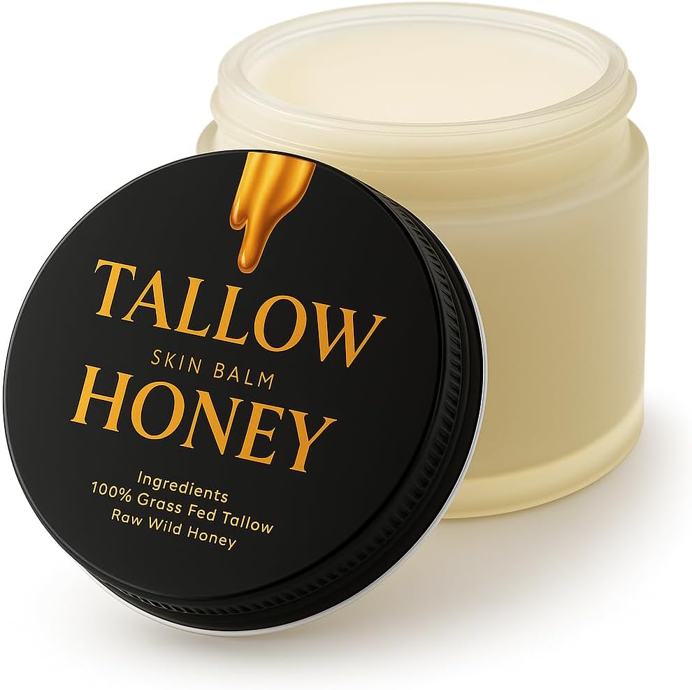 Tallow Honey Moisturizer | Only 2 Ingredients: 100% Grass-Fed Tallow + Raw Wild Honey | Handmade in USA | Unscented Face & Body Balm – 2 oz