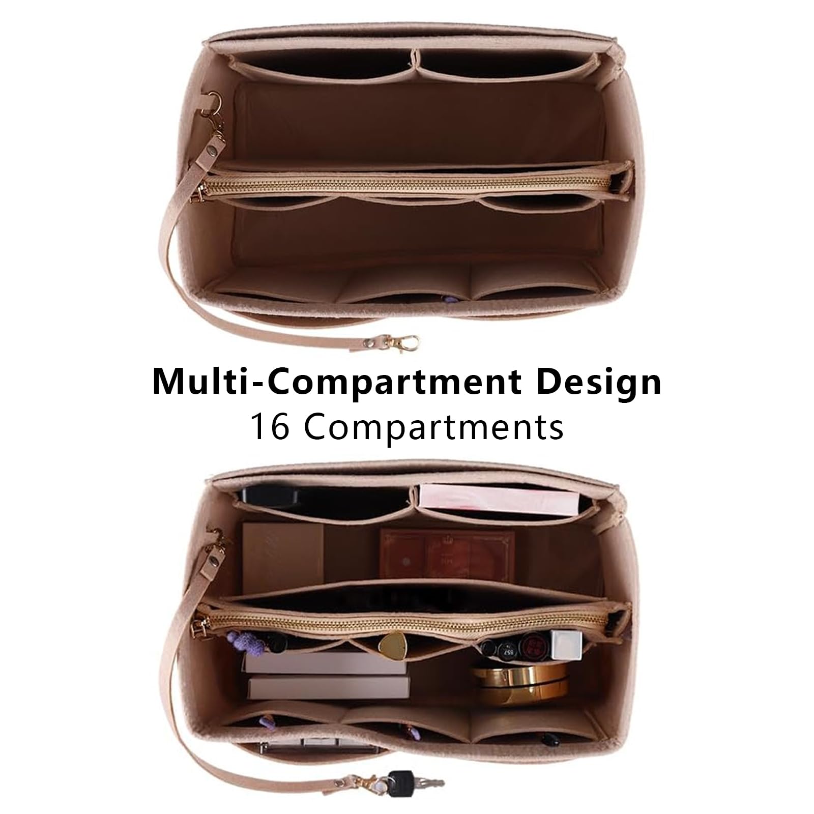 Organisateur De Sac à Main En Feutre - Dimensions 24x15x16 Cm, Couleur Kaki, Multiples Poches Intérieures - Pour Rangement Et Protection