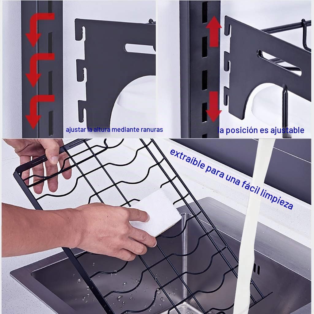 Estanteria Cocina, Escurridor de Platos Colgante para Montaje en Pared, Organizador de Platos, Cuencos y Especias de 2 Niveles, Soporte de Estante de Almacenamiento con Bandeja de Drenaje, 3 Ganchos,