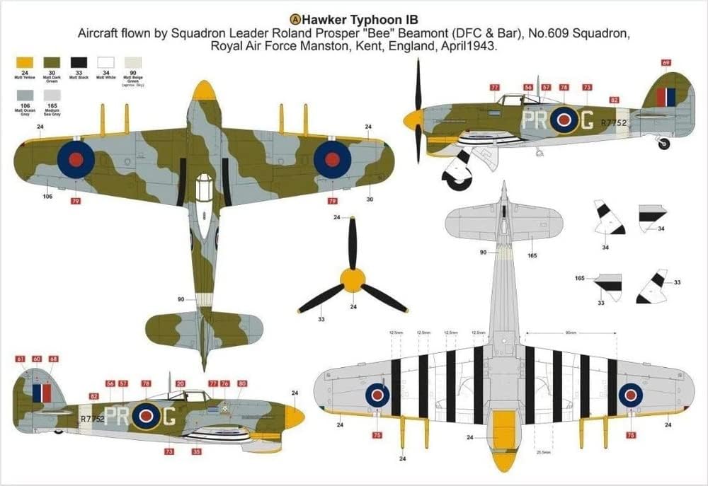 Painting and decal guide for Hawker Typhoon IB Livery A: R7752 PR-G, Roland Beamont, 609 Squadron, Manston 1943.