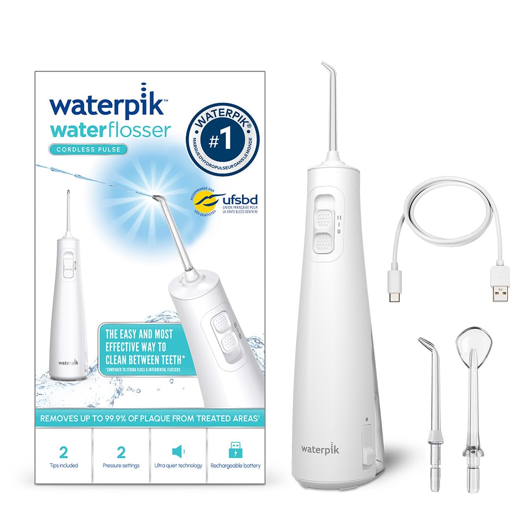 Waterpik WF-​20 Pulse, Hydropulseur Sans Fil, Recommandé par l'UFSBD, Jet dentaire Rechargeable, Elimine la Plaque, 2 Niveaux de Pression, 45 Secondes de Nettoyage, 2 Embouts Inclus, Waterproof, Blanc