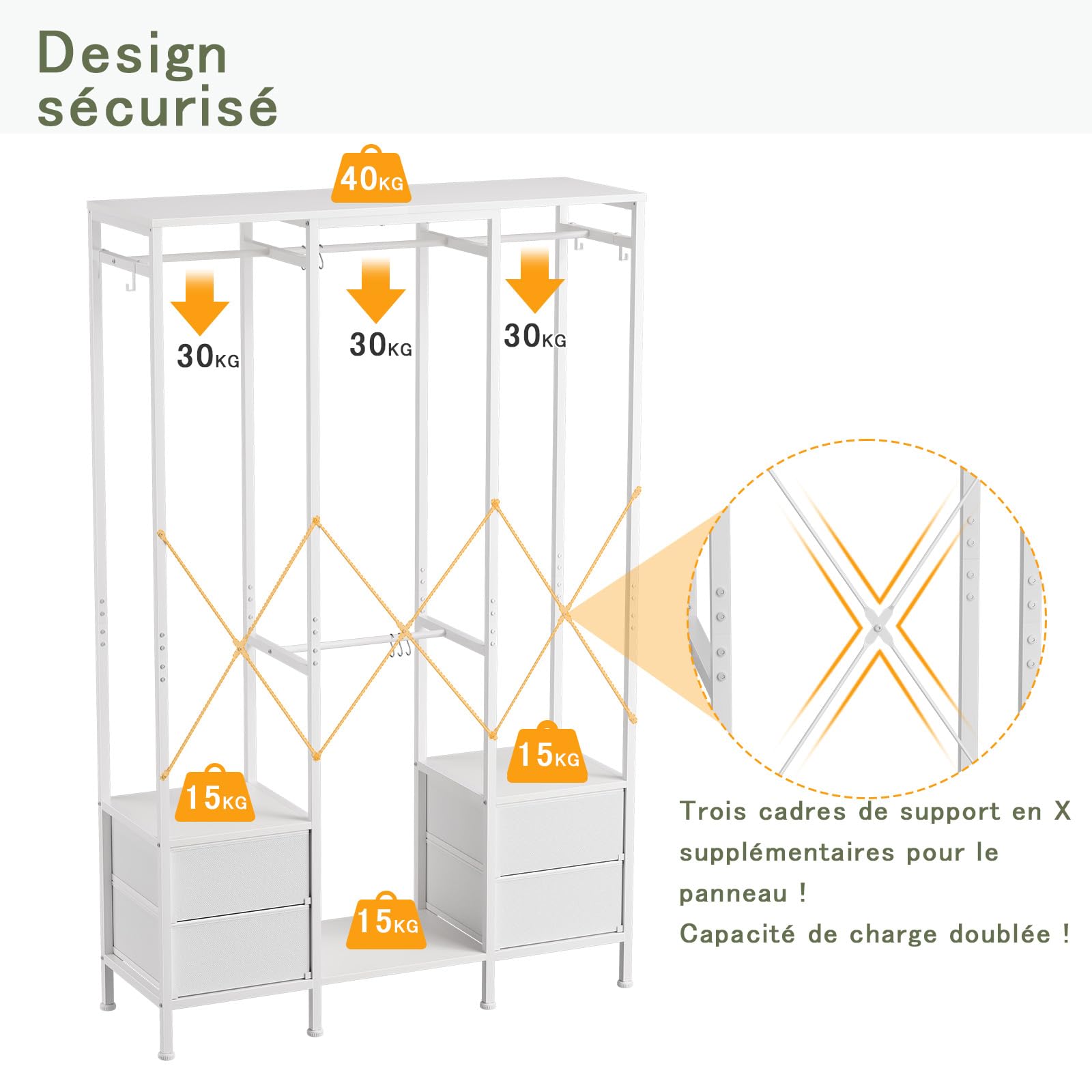 Stand Appendiabiti, Cabina Armadio con 3 Barre e 4 cassetti, Appendiabiti con 4 Ganci Rimovibili, Armadio Aperto Moderno, per Camera da Letto o Ingresso, Bianco