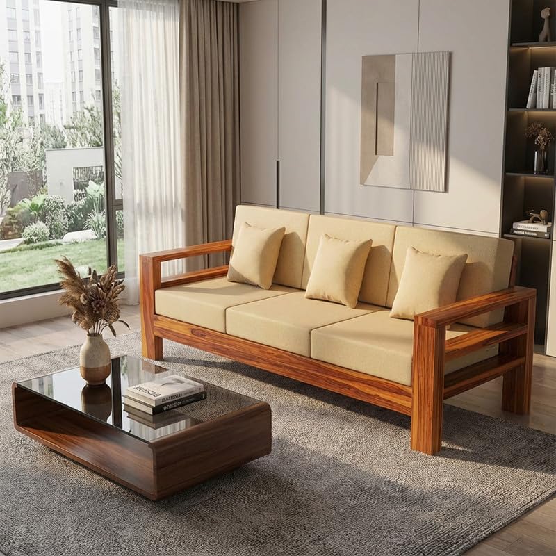 Image of Solid Sheesham Wood 3 Seater Sofa Set | Multipurpose Wooden Three Seater Lounge Sofa Set Furniture for Living Room, Home and Office (Honey Finish)