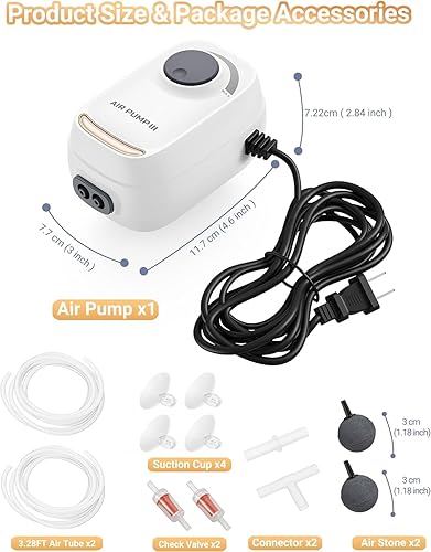 Miniatura 7 de Bomba de aire de acuario de 3 W6 W, aireador de acuario ajustable con 2 salidas, bomba de oxígeno súper potente y silenciosa para tanques de peces