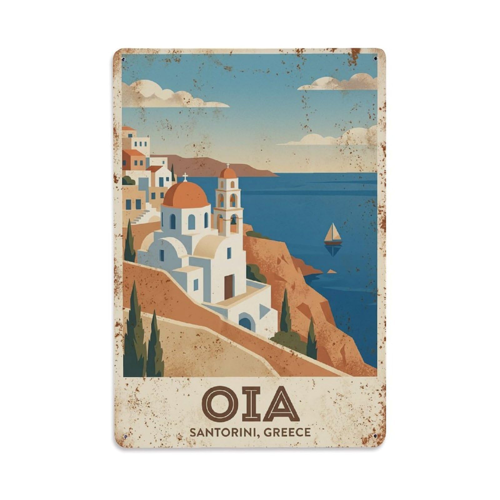 Fyrn Style Metal Tin Sign Vintage Travel Oia Greece Iconic
