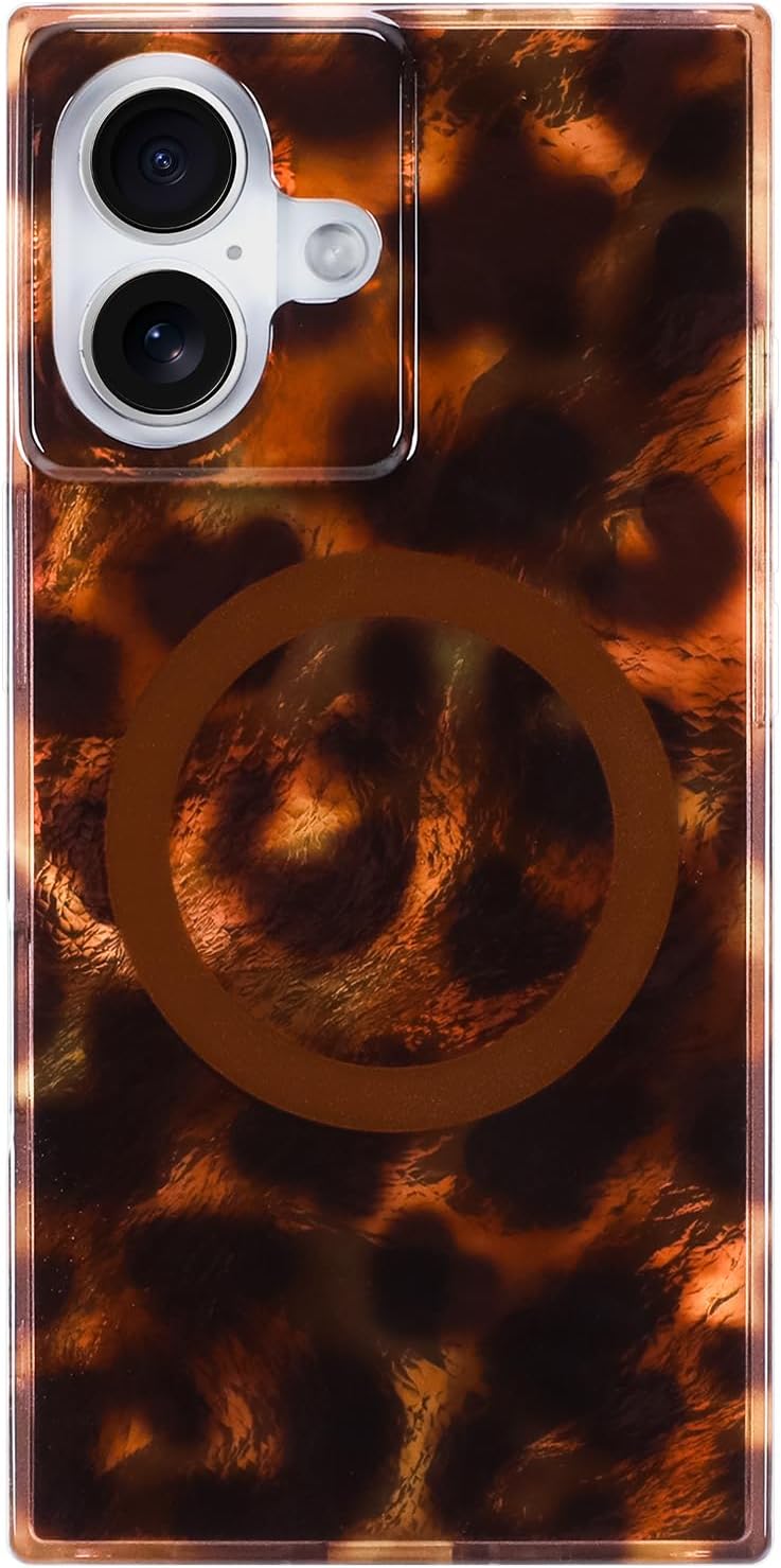 SOKAD Compatible with iPhone 17 Case Magnetic Cute Leopard Pattern for Women Men, Compatible with Magsafe, Rectangle Edge Shockproof Cover for iPhone 17 6.3", Amber Leopard