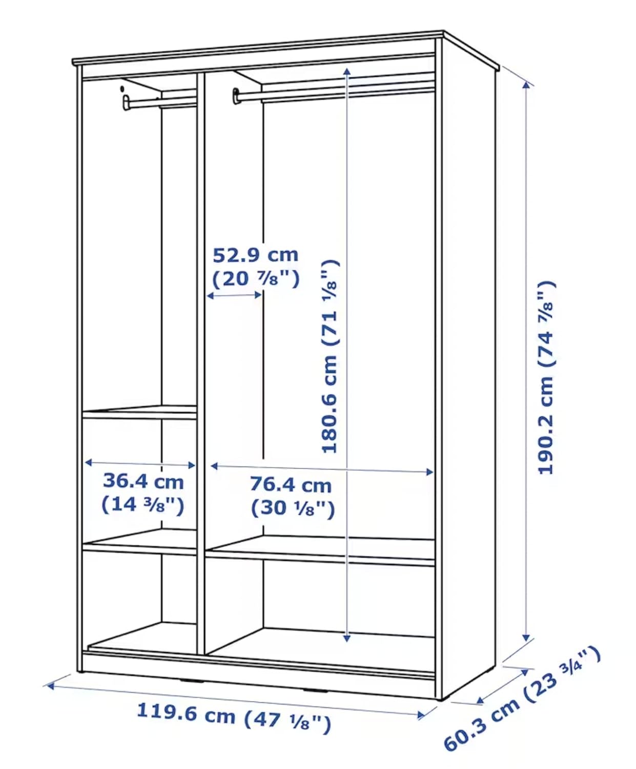 Diagram showing dimensions of Ikea SONGESAND Wardrobe