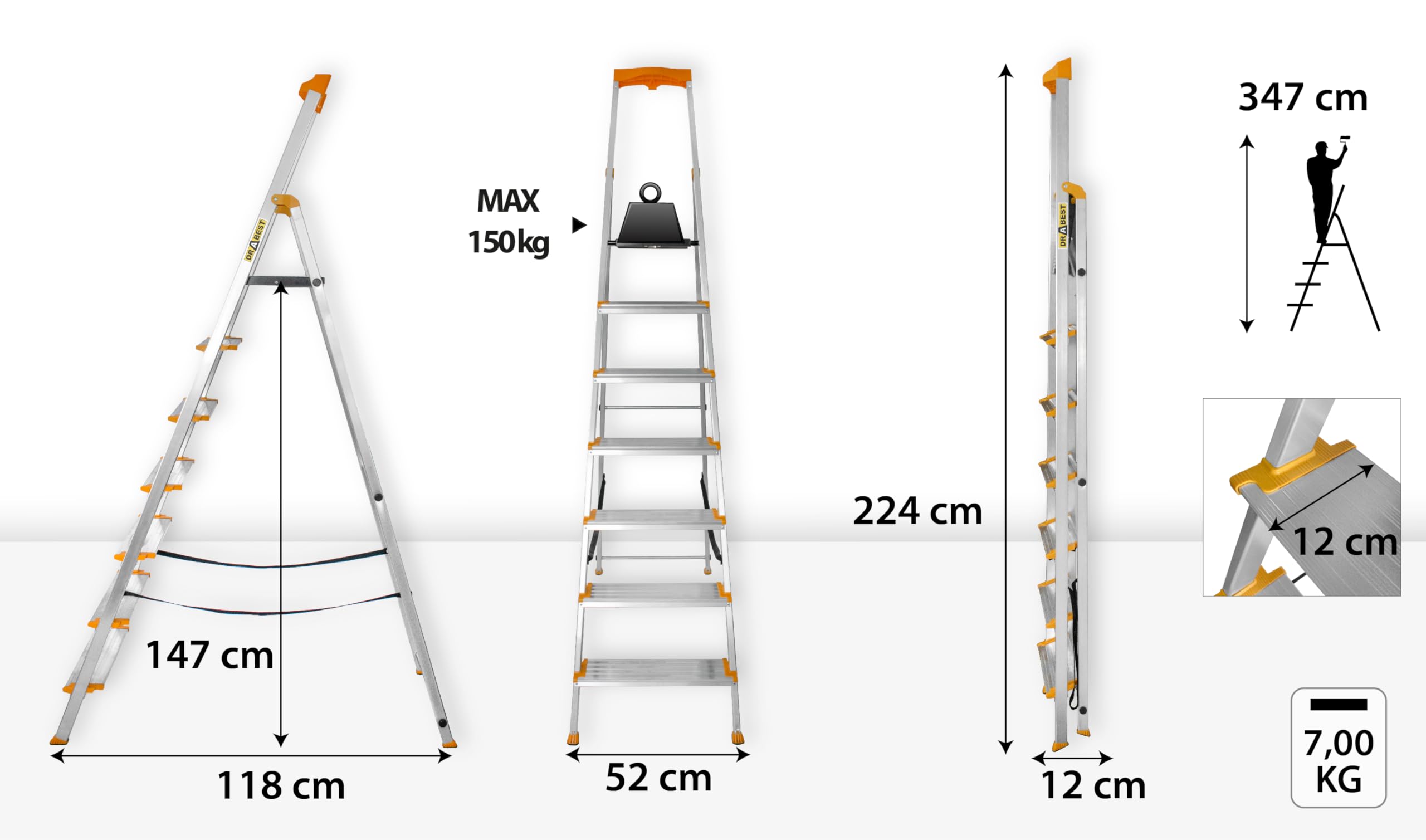 DRABEST Escabeau 7 Marches Pliable - Échelle en Aluminium - Escabeau Pliant avec Porte-Outils et Marches Extra Larges 120 mm avec Surface Antidérapante - Capacité de Charge 150 kg
