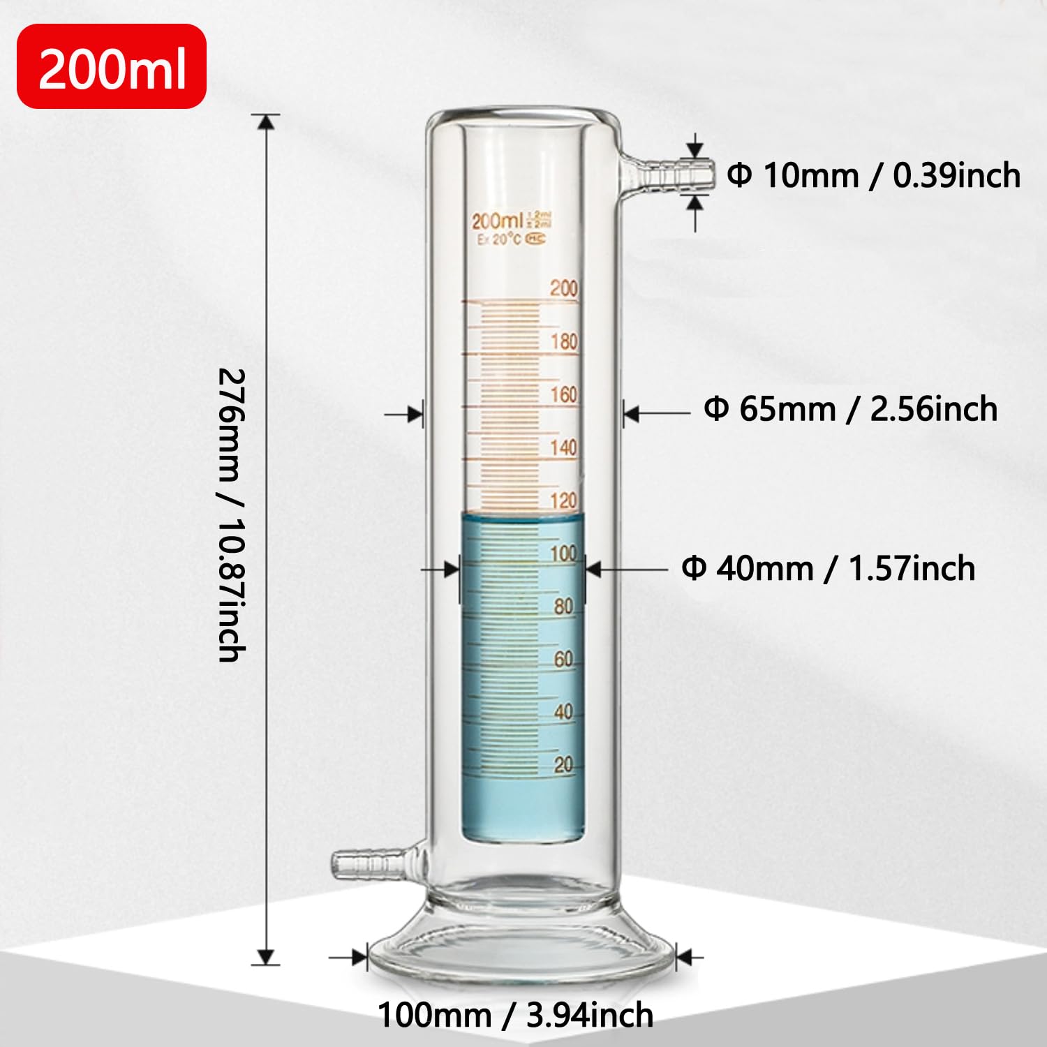 Doppelschichtiger Graduierter Messzylinder Borosilikatglas Messflüssigkeits-Laborzylinder für Laborwissenschaftsexperimente (200ml)