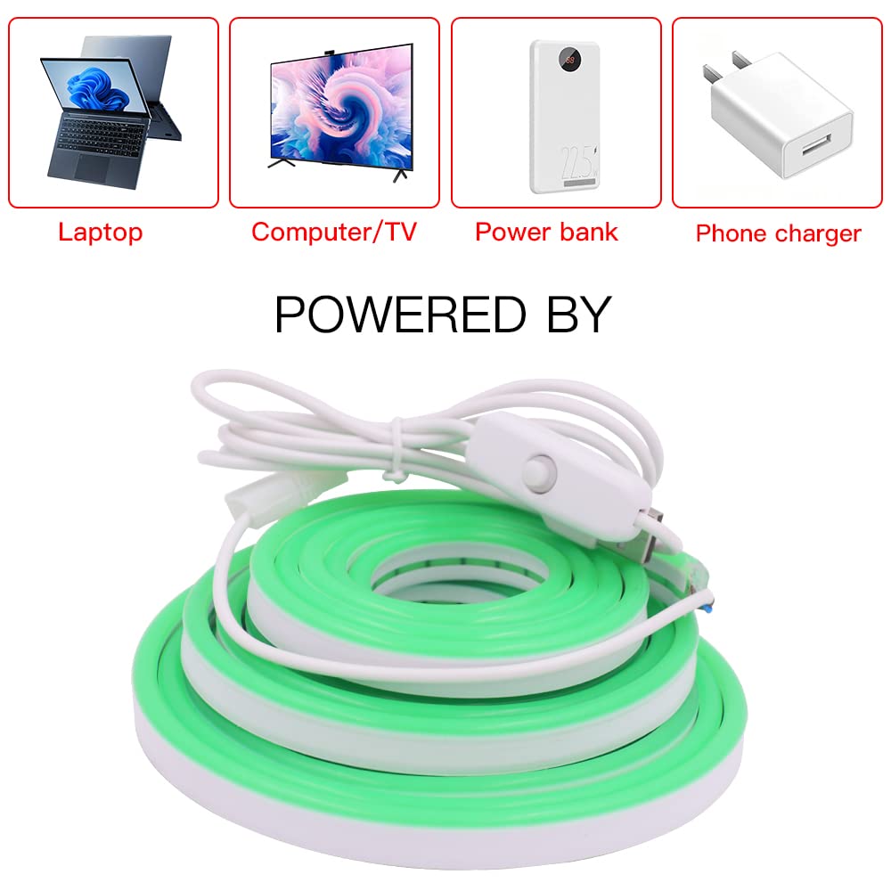 KISUFU Taśma świetlna LED, neonowa taśma świetlna 5 m, 120 diod LED / m, 5 V 2835, wodoodporna, silikonowa, elastyczna taśma LED, neonowe światło USB, do kuchni, sypialni, dekoracja na zewnątrz, 4 m, zielona