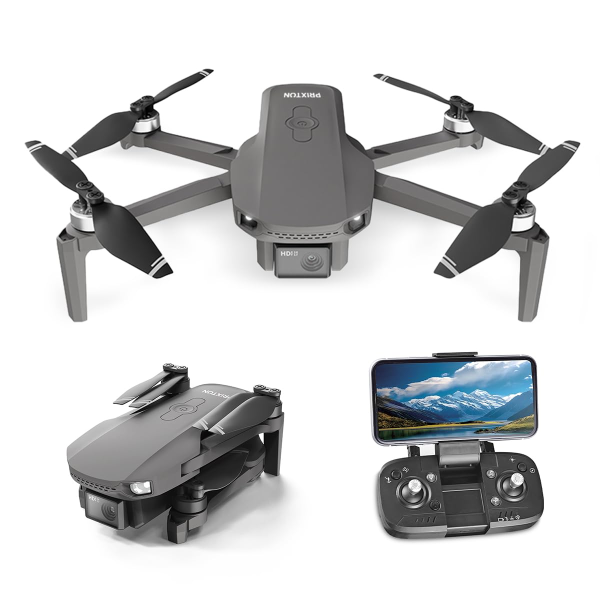 PRIXTON Drone GPS Pegasus con WiFi, Cámara HD, Estabilizador óptico, Retorno automático, Luces Integradas, Alcance de 200 metros, 16 minutos de vuelo, App Móvil, Mando a distancia