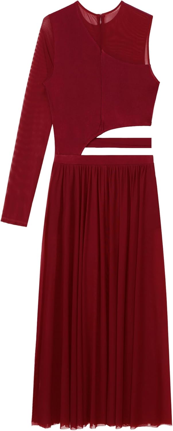 ranrann Women Mesh Cutout Lyrical Dance Dress Side Split Sheer Mesh Dresses Contemporary Ballroom Dancewear