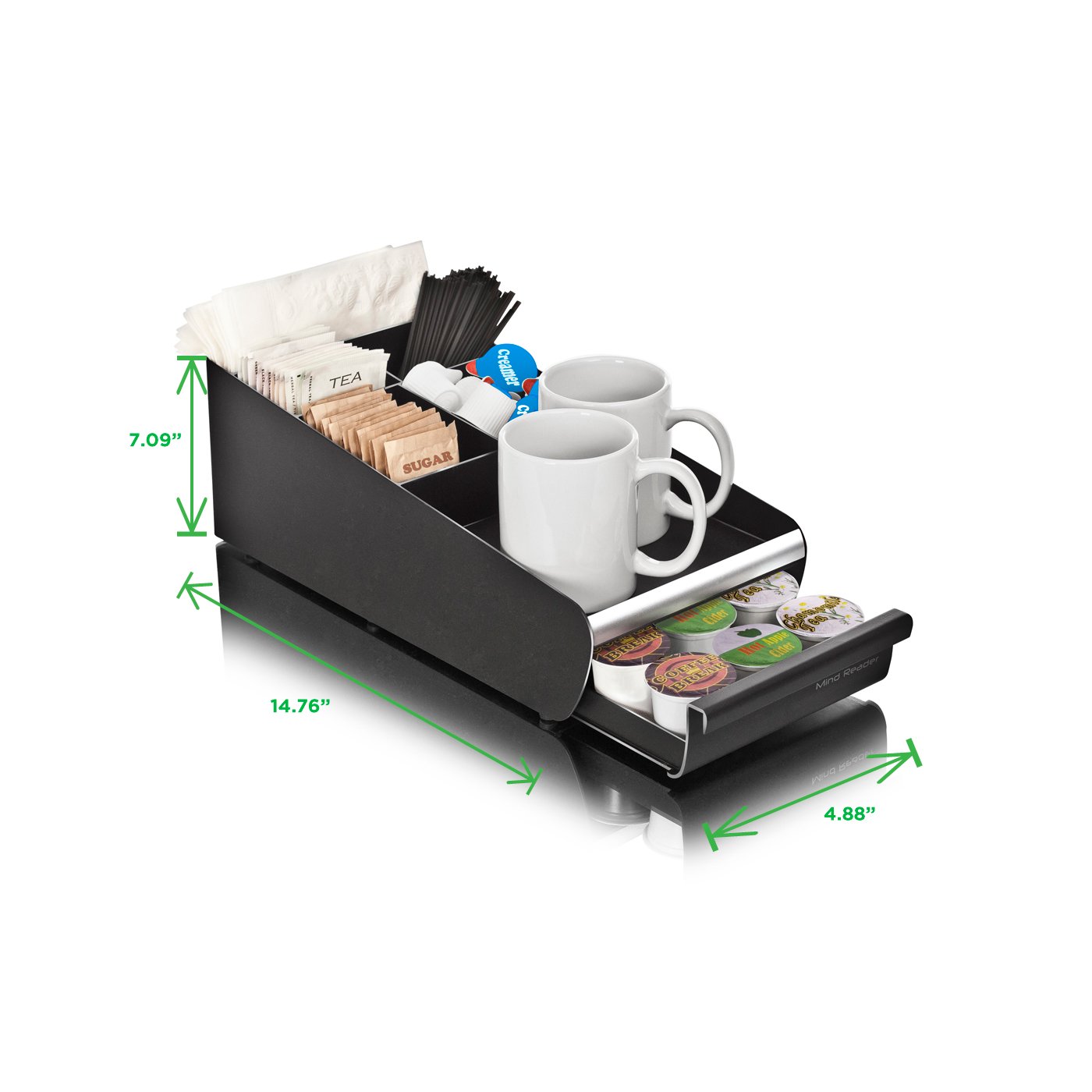 Mind Reader Coffee Condiment Storage Organizer with K-Cup Single Serve Coffee Pod Drawer, Black