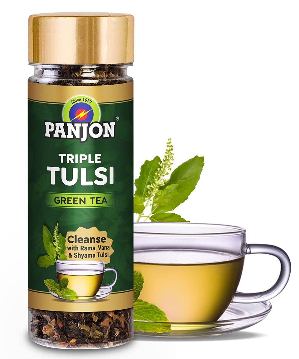 Panjon Triple Tulsi Green Tea with Rama, Shyama & Vana Tulsi Anti Oxidants For Stress Relief, Immunity & Weight Loss (30 Cups) 1 Jar