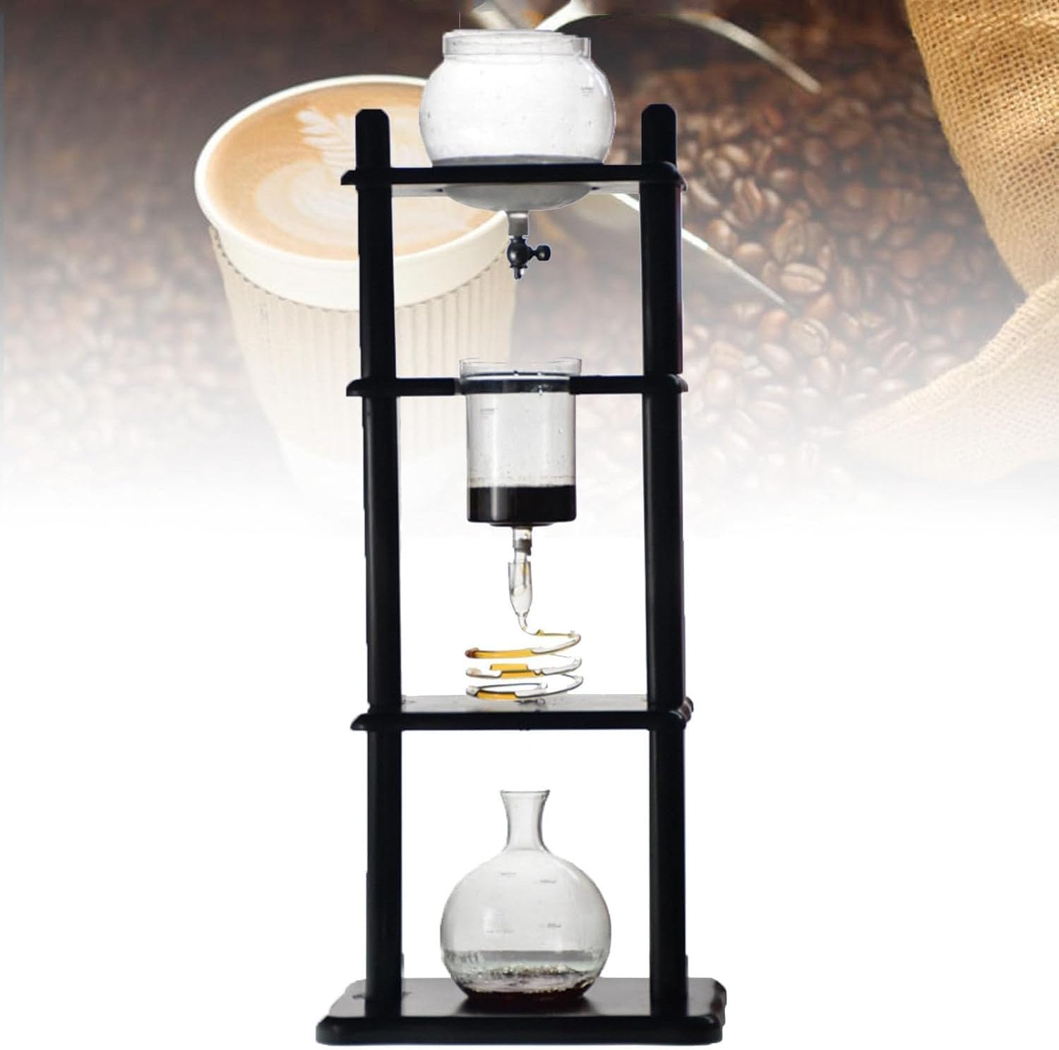 Ice Drip Coffee Maker, Iced Coffee Cold Brew Drip Tower with Wooden Stand, Slow Drip Technology, Makes 5-8 Cups for Iced Brew Coffee, Lemonade, Tea Drinks