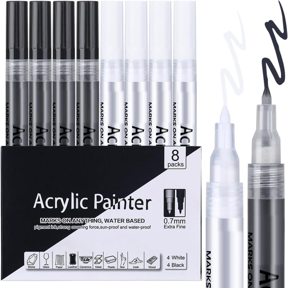 – Black and White Acrylic Paint Pens, 8 Pack 0.7 mm Extra Fine, Waterproof Art Markers for Rock Painting Ceramic Glass Canvas Mug Metal Wood DIY Supplies