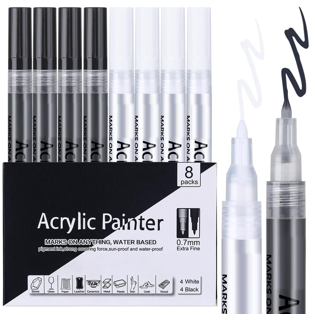 Azonee Black and White Acrylic Paint Pens, 8 Pack 0.7 mm Extra Fine, Waterproof Art Markers for Rock Painting Ceramic Glass Canvas Mug Metal Wood DIY Supplies