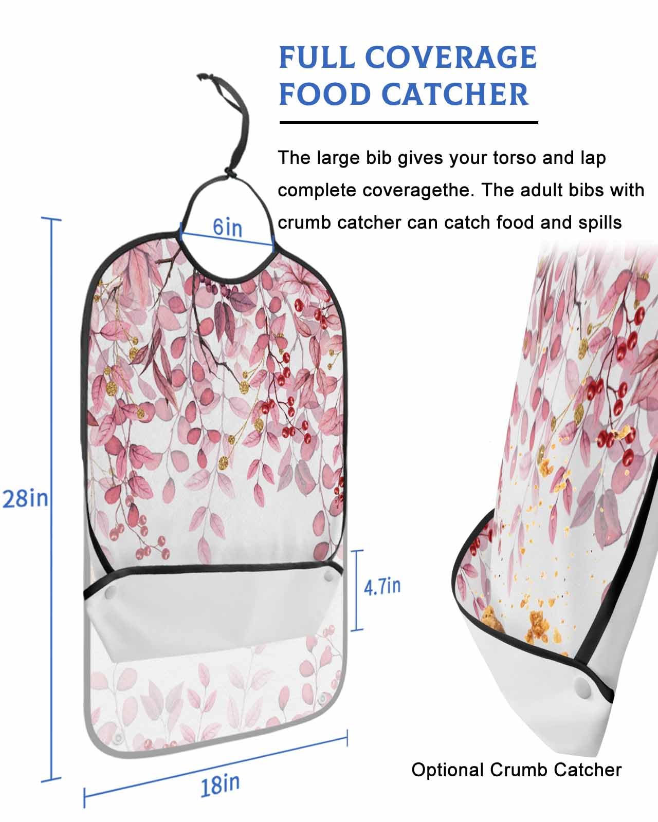 Pink Eucalyptus Leaves Adult Bib for Adults Men, Women, Washable & Adjustable Terry Cloth Bib with Crumb Catcher Reusable Waterproof Clothing Clothes Protector Apron Abstract Watercolor Branches