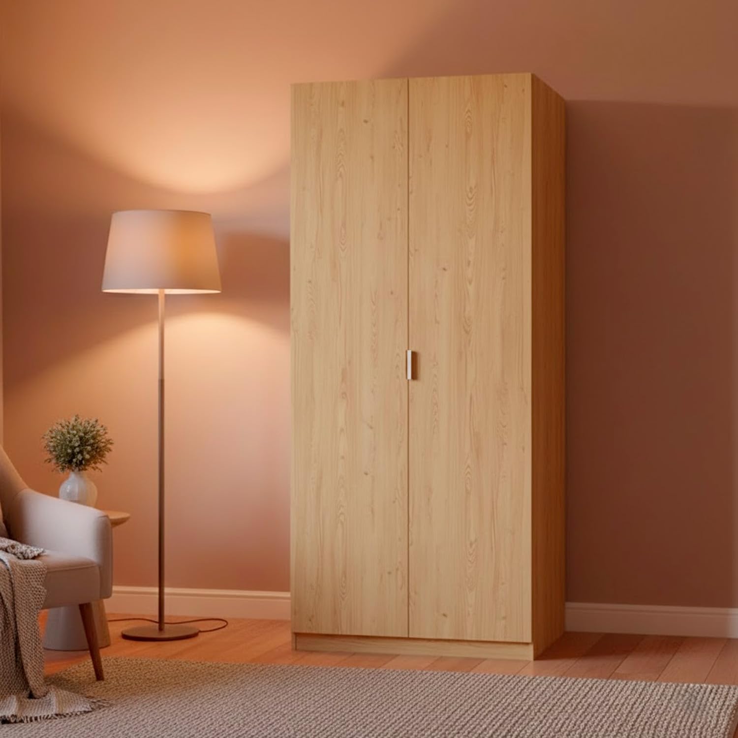 Bricozone Armadio Guardaroba 2 Ante Battenti Salvaspazio Con Asta Appendiabiti E Ripiano Interno Struttura In Melaminico Finitura Rovere 81x52x180 Cm (Rovere chiaro)