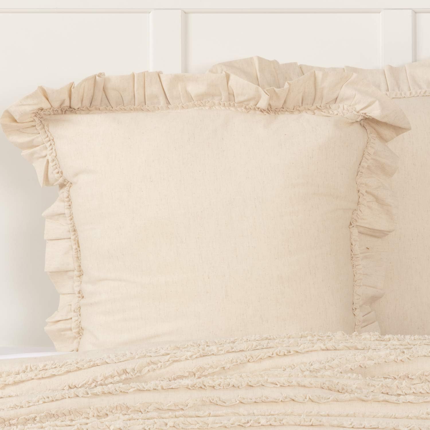 Piper Classics Olivia Standard Sham Bed Pillow Cover w/Macrame Pompoms, 21" x 27", Quilted, Natural Cream Linen/Cotton. Cottage, Boho, Vintage Farmhouse Bedding