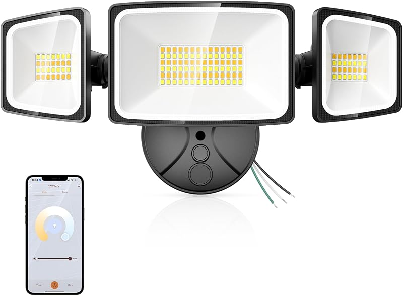 Onforu 65W Smart Flood Light Outdoor, 6500LM WiFi Flood Light with App & Voice Control, Dimmable 2700K-6500K, 3-Head Hardwired Security Light, IP65 Waterproof for House, Yard, Porch, Garage, Backyard