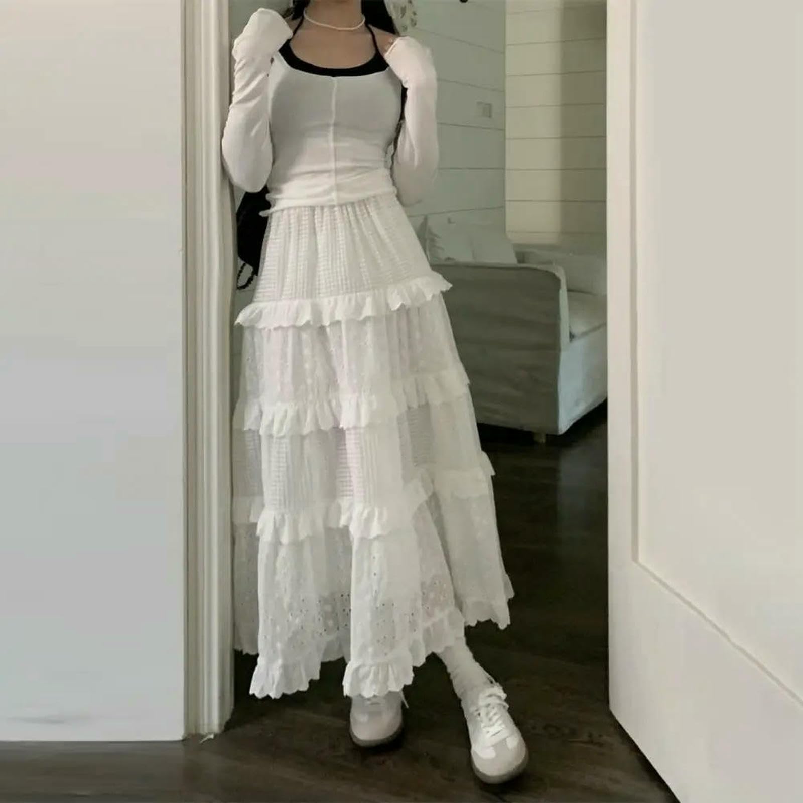 Gonna Lunga Donna Midi di Tulle Gallo all'Uncinetto Cavo Ranorbimento da A Una Galla Elastica in Vita Alta Femmina Piegata Bianca-Bianco-m