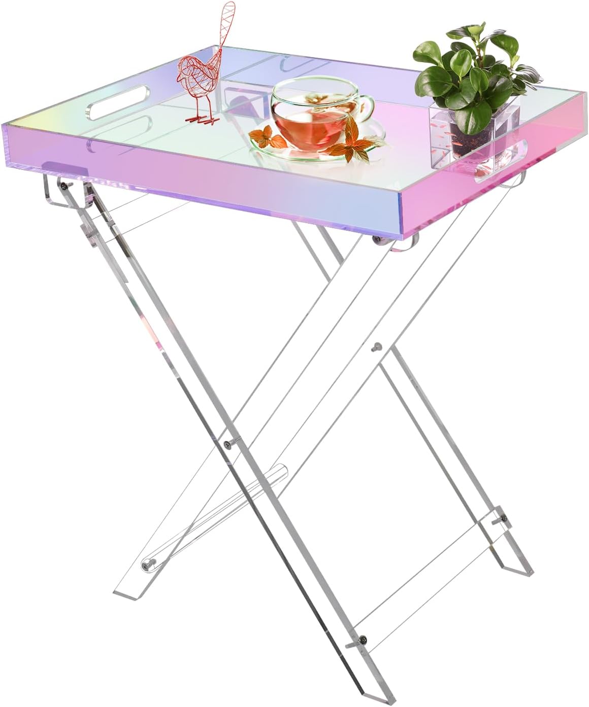 Acrylic Folding Tray Table, Rainbow Color Acrylic Coffee Table, Iridescent Side Table Modern Accent Square End Table for Coffee, Drink, Food, Snack for Living Room & Bedroom Colorful Acrylic Table