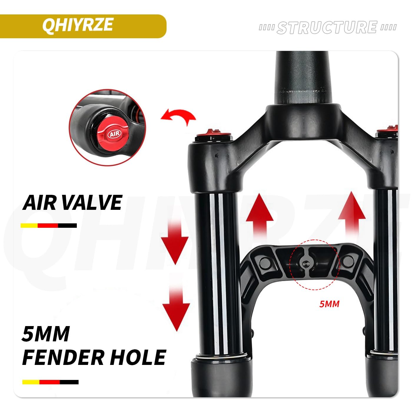 Horquilla de suspensión para MTB XC Am de 26/27,5/29", Recorrido de Aire de 120 mm, Ajuste de Rebote, Tubo cónico de 1-1/2", Cierre rápido de 9 mm, Bloqueo Manual/Remoto, Horquilla