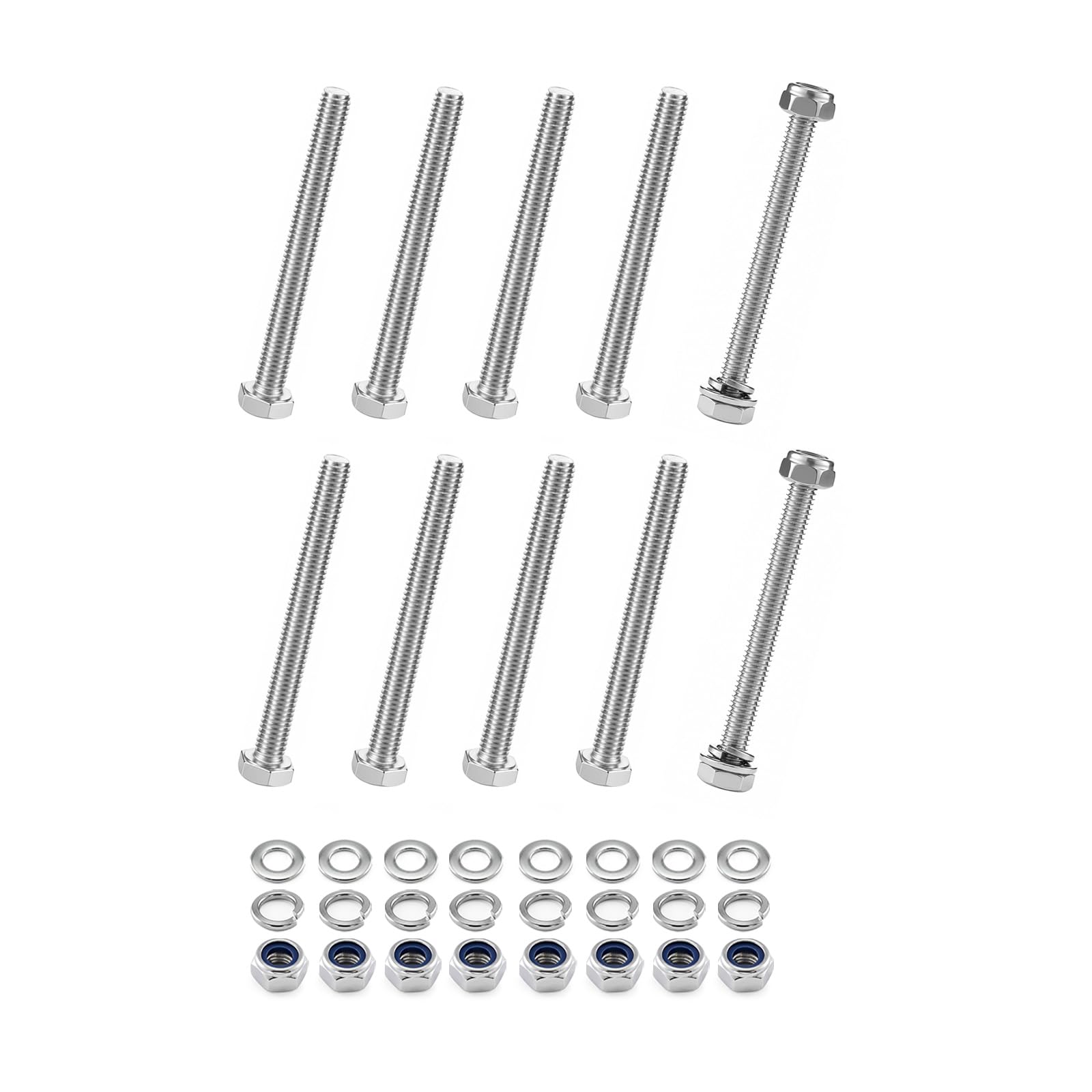 10-Pack M6 x 65mm 304 Stainless Steel Hex Head Bolts with Nylon Nuts and Flat Washers, Fully Threaded DIN 933 Metric Bolt Kit for Construction, Automotive, Furniture, Machinery & 3D Printing