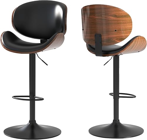 Juego de 2 taburetes de bar giratorios ajustables, modernos taburetes de bar de madera curvada con base de metal grande y reposapiés, silla de bar