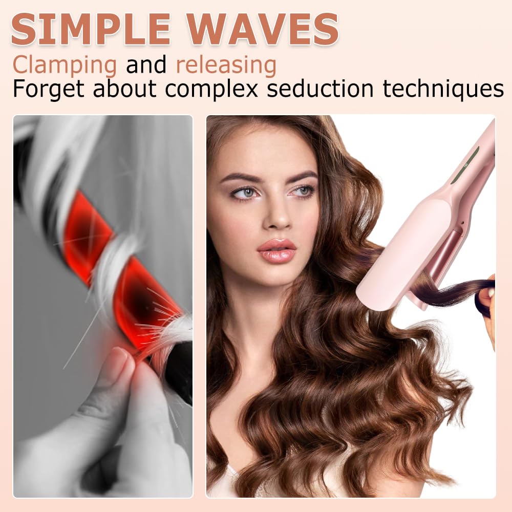 Fer a Onduler Cheveux, 32mm Boucleur a Cheveux, Fer à Onduler, Fer a Gaufrer les Cheveux, Fer a Friser Boucler avec 5 Températures Réglables, Boucleur Wavy pour Tous les Types de Cheveux (Rose)
