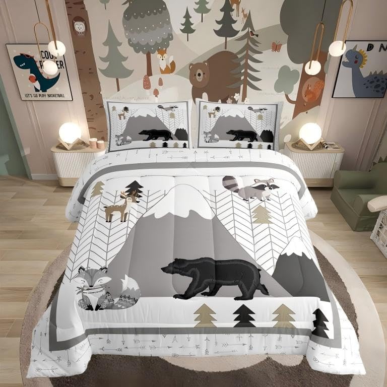 Image of Castle Fairy Wild Animals Comforter Set Safari Animal Print Comforter for Boys Girls Teens Cute Fox Bear Deer Bedding Set Kids Cartoon Mountains Trees Duvet Set Room Decor Quilt Set Twin Size