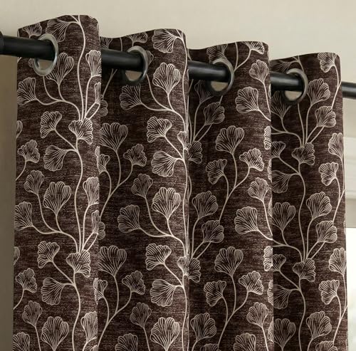 Image of Home Sizzler Ginkgo Leaf Eyelet Polyester Semi-Transparent Long Door Curtains - 9 Feet, Pack of 2, Light Brown
