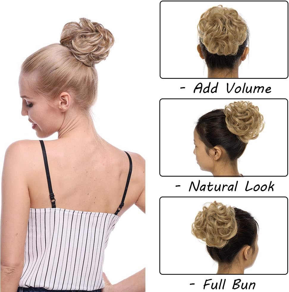 Silk-co Scrunchy Scrunchie Curly Hairpieces Messy Hair Bun Chignons Wavy Donut Updo Synthetic Hair Extensions 25g Dark Brown & Light Brown - Image 4