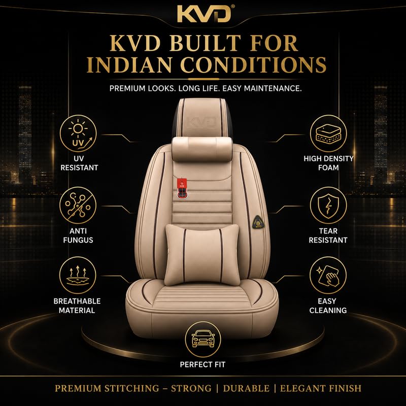 Image of KVD AUTOZONE Superior Leather Luxury Car Seat Cover Compatible with Maruti Suzuki Swift Dzire Beige + Black Free Pillows and Neck Rest Set (5 Year Warranty)- D017 /56